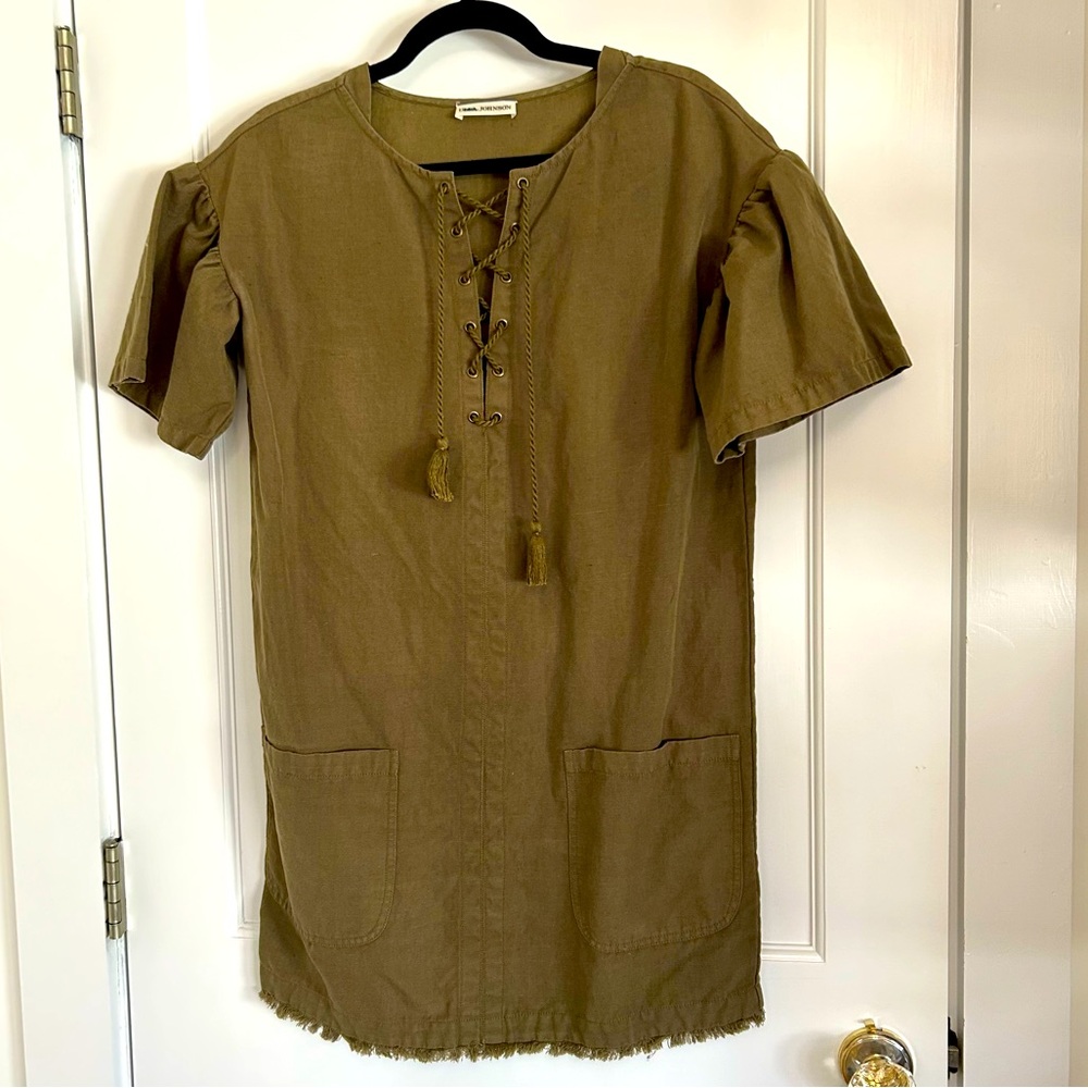 Ulla Johnson Marcelle Olive Green Cotton Linen Blend Twill Lace-up Dress Sz 2